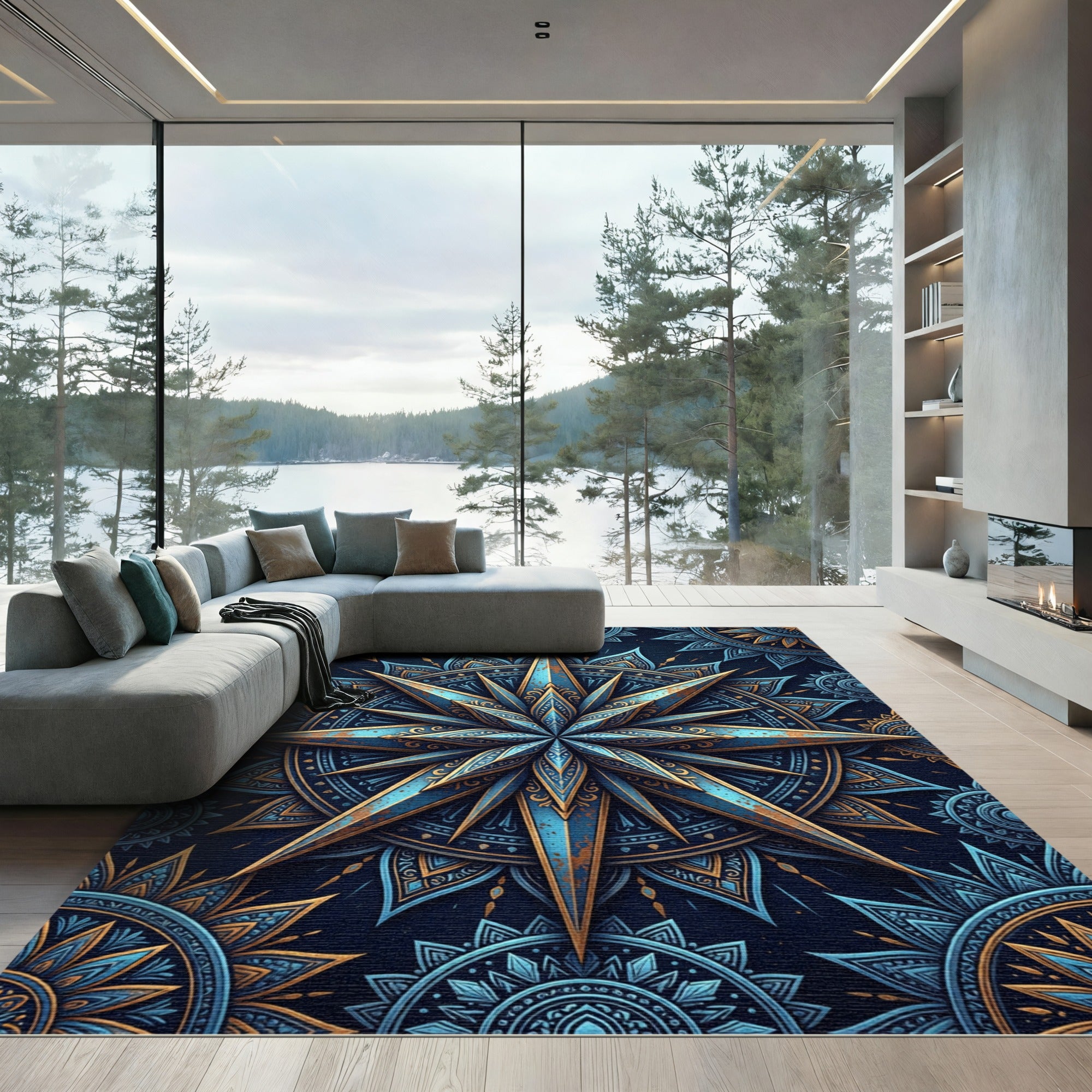 Ornate Blue Gold Mandala Star Rug