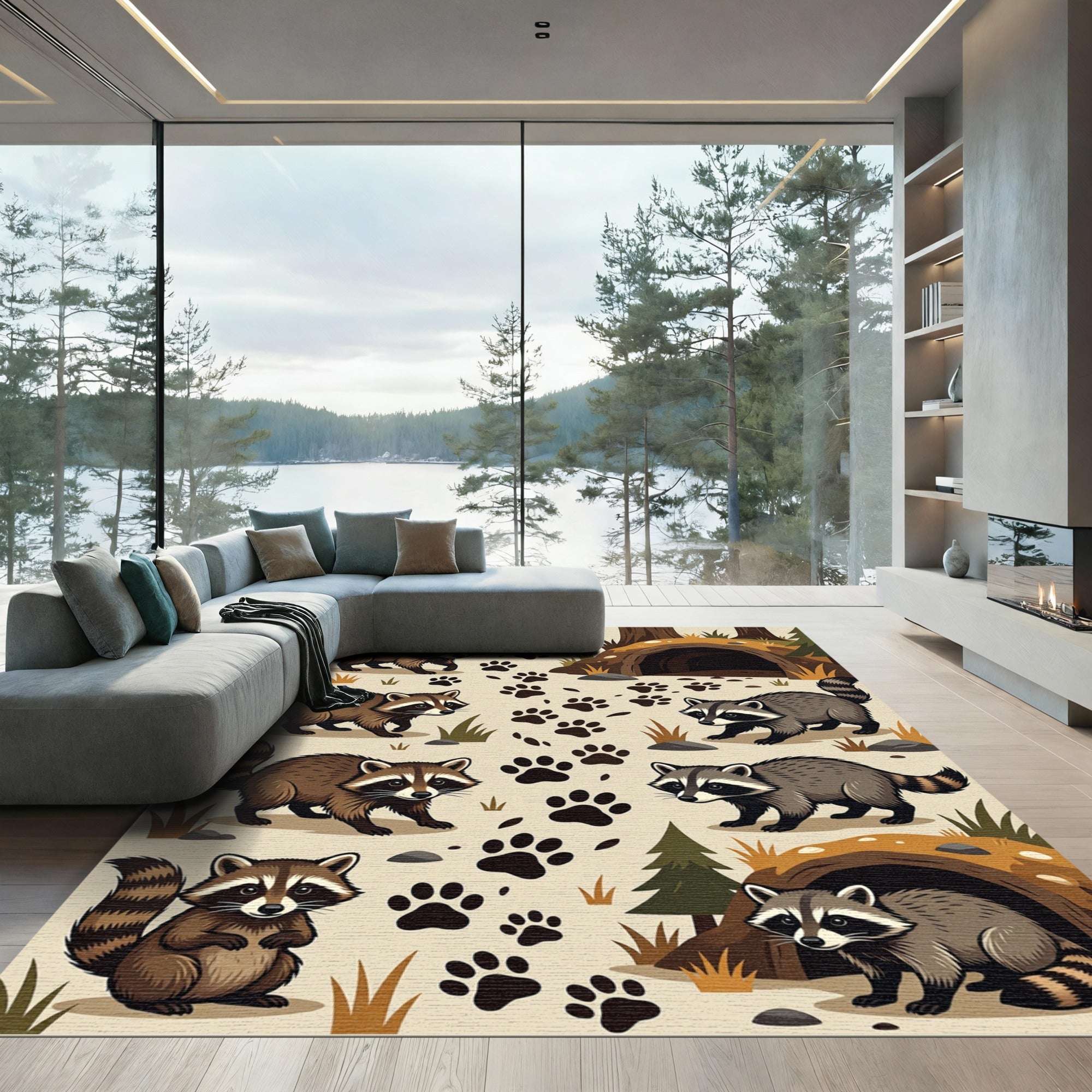 Whimsical Woodland Raccoon Paw Track Rug