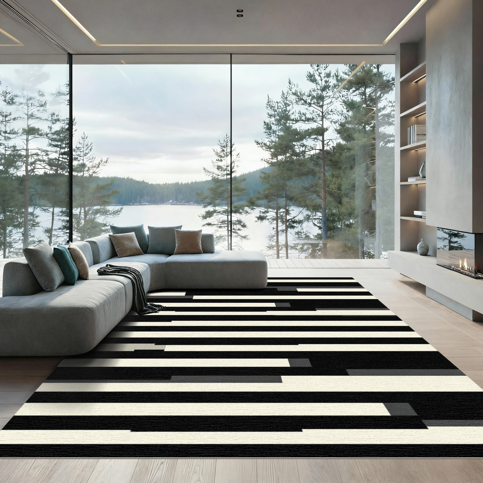 Modern Monochrome Abstract Linear Stripe Rug