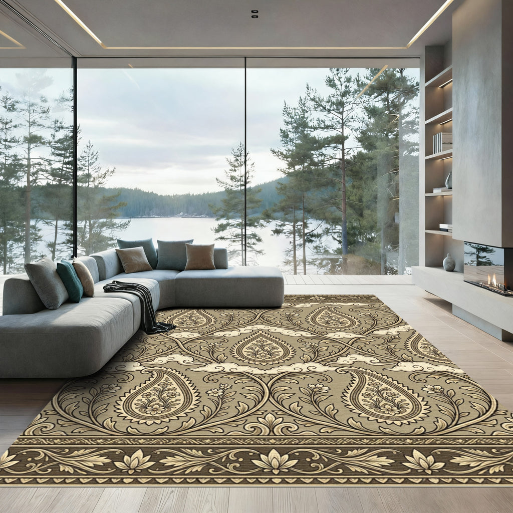 Earthy Taupe Paisley Floral Scroll Rug