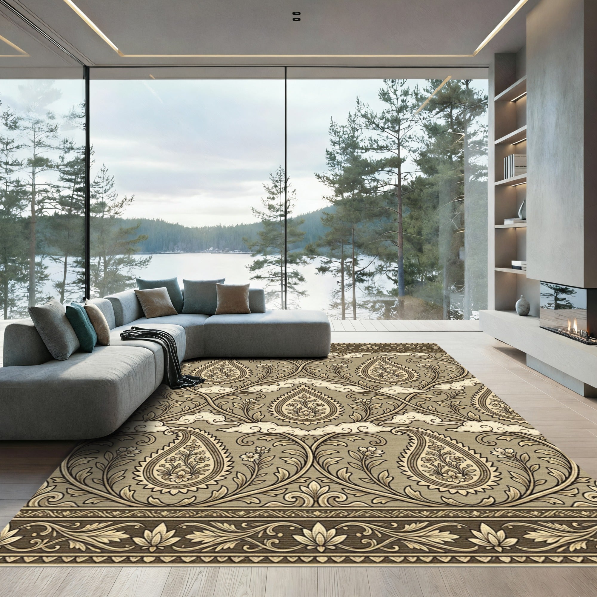 Earthy Taupe Paisley Floral Scroll Rug