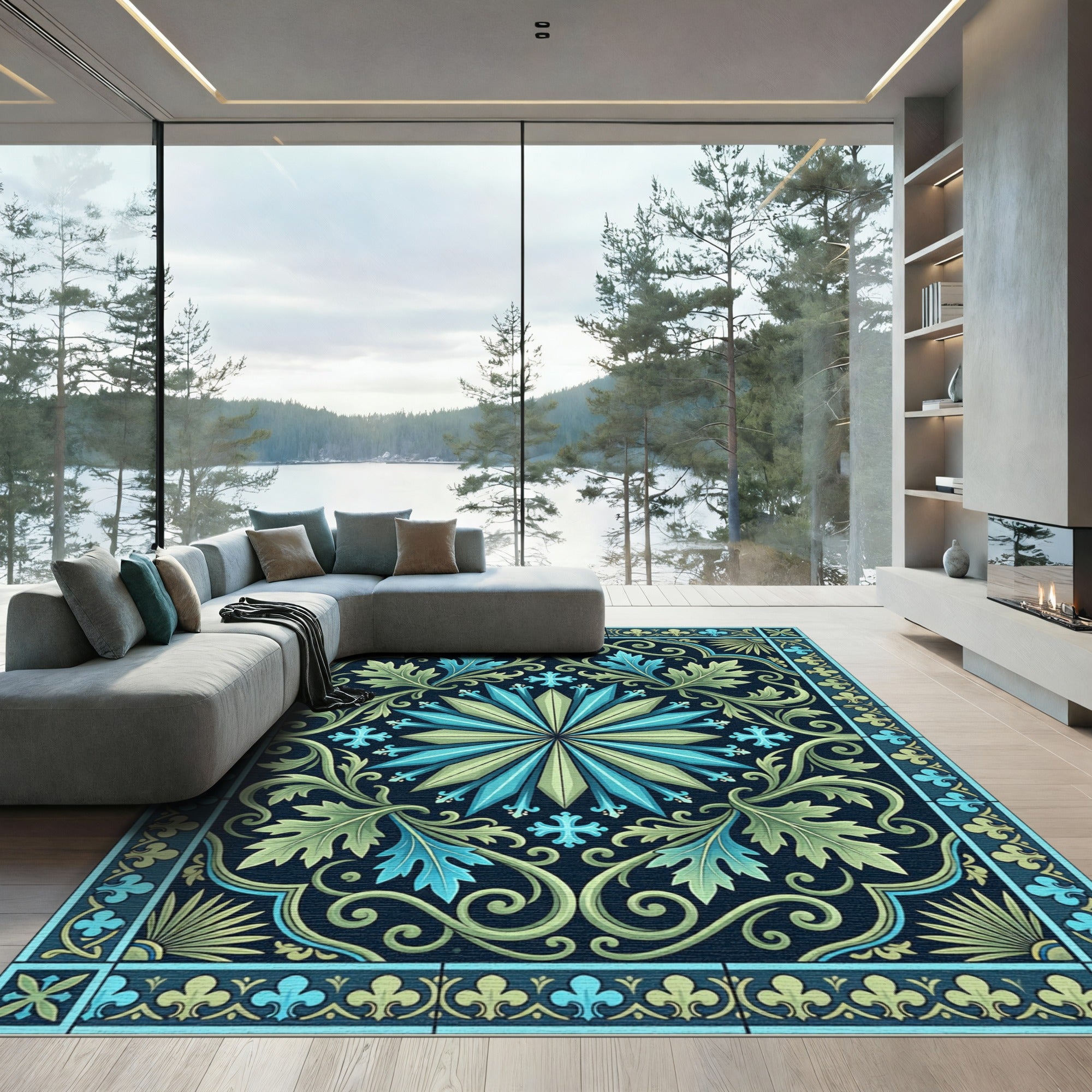 Deep Blue Green Floral Medallion Rug