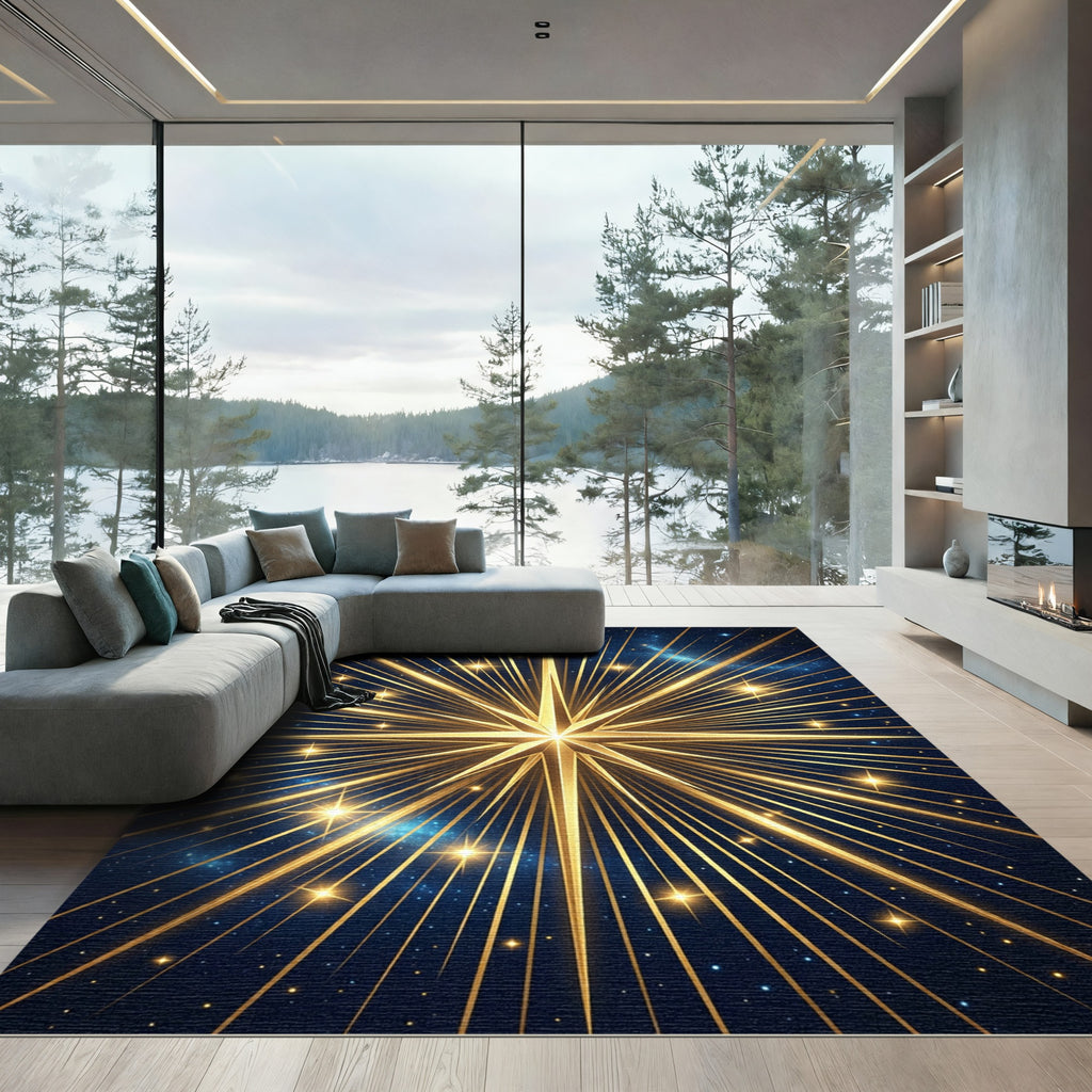 Radiant Golden Starburst Night Sky Rug