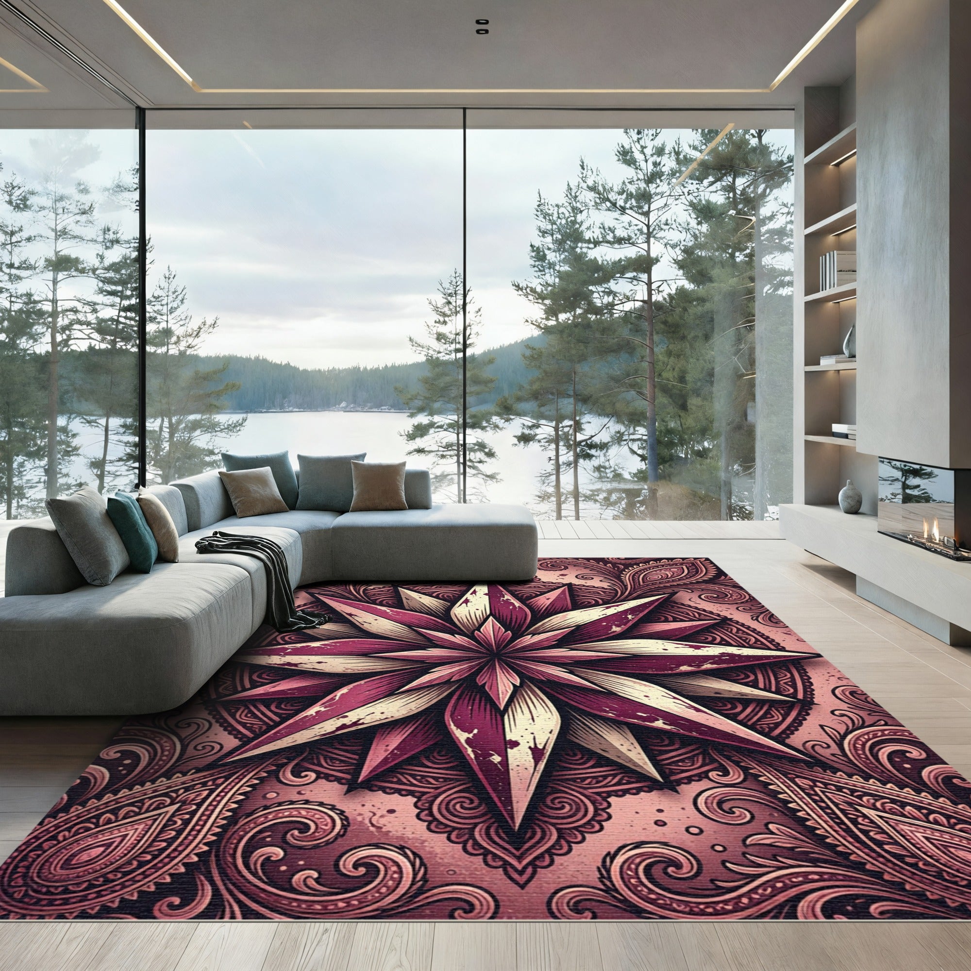 Burgundy Cream Starburst Paisley Mandala Rug