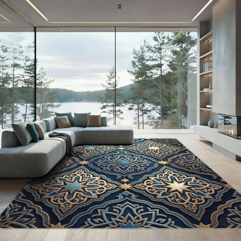 Deep Blue Gold Intricate Star Medallion Rug