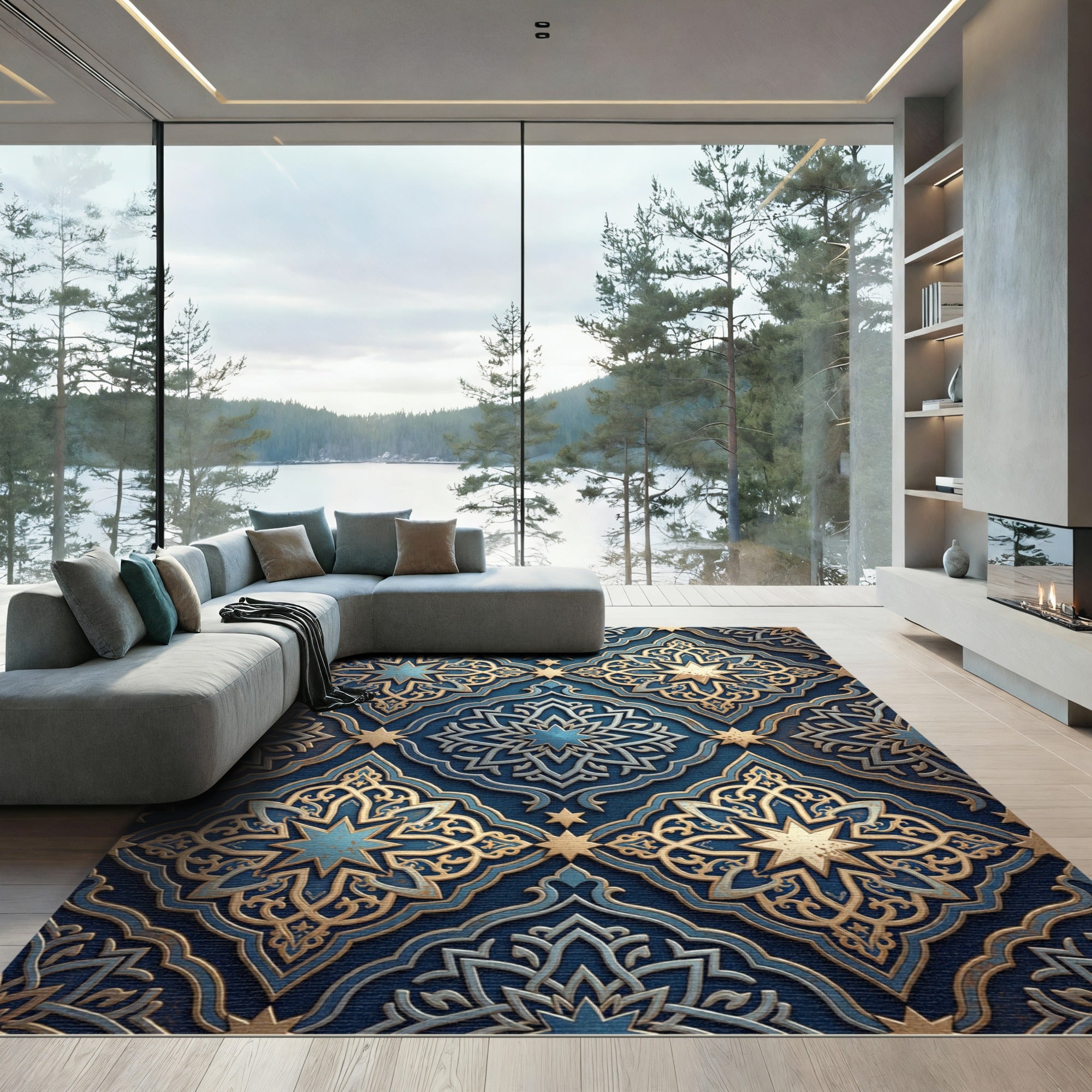 Deep Blue Gold Intricate Star Medallion Rug