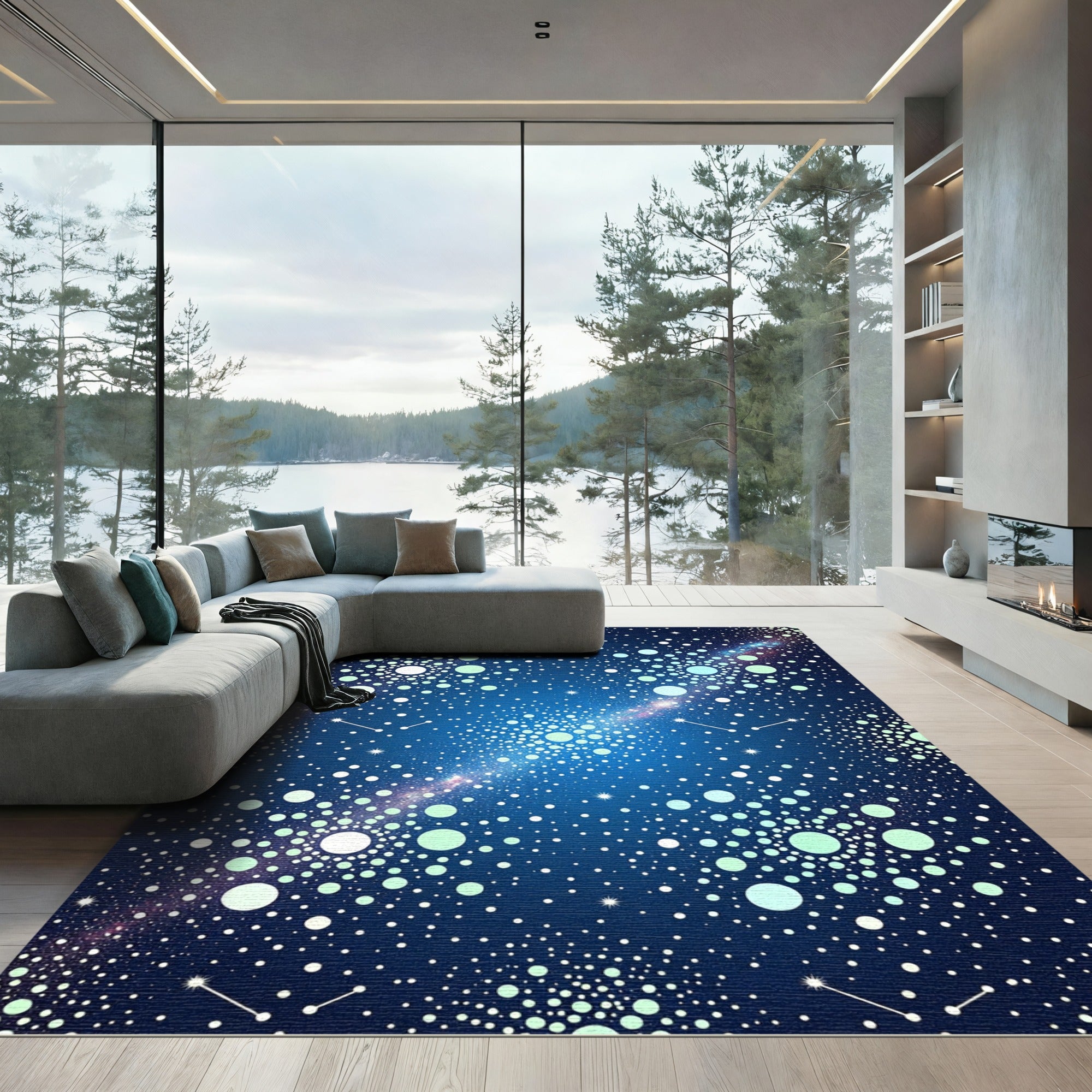 Deep Blue Celestial Starry Circles Rug
