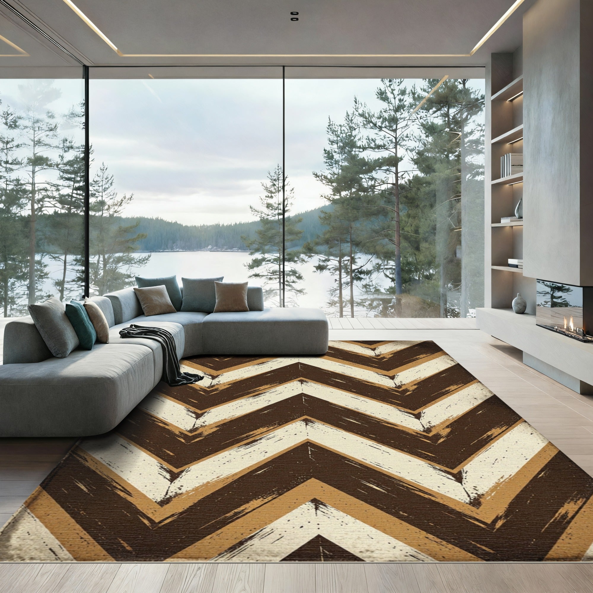 Rustic Brown White Chevron Lines Rug