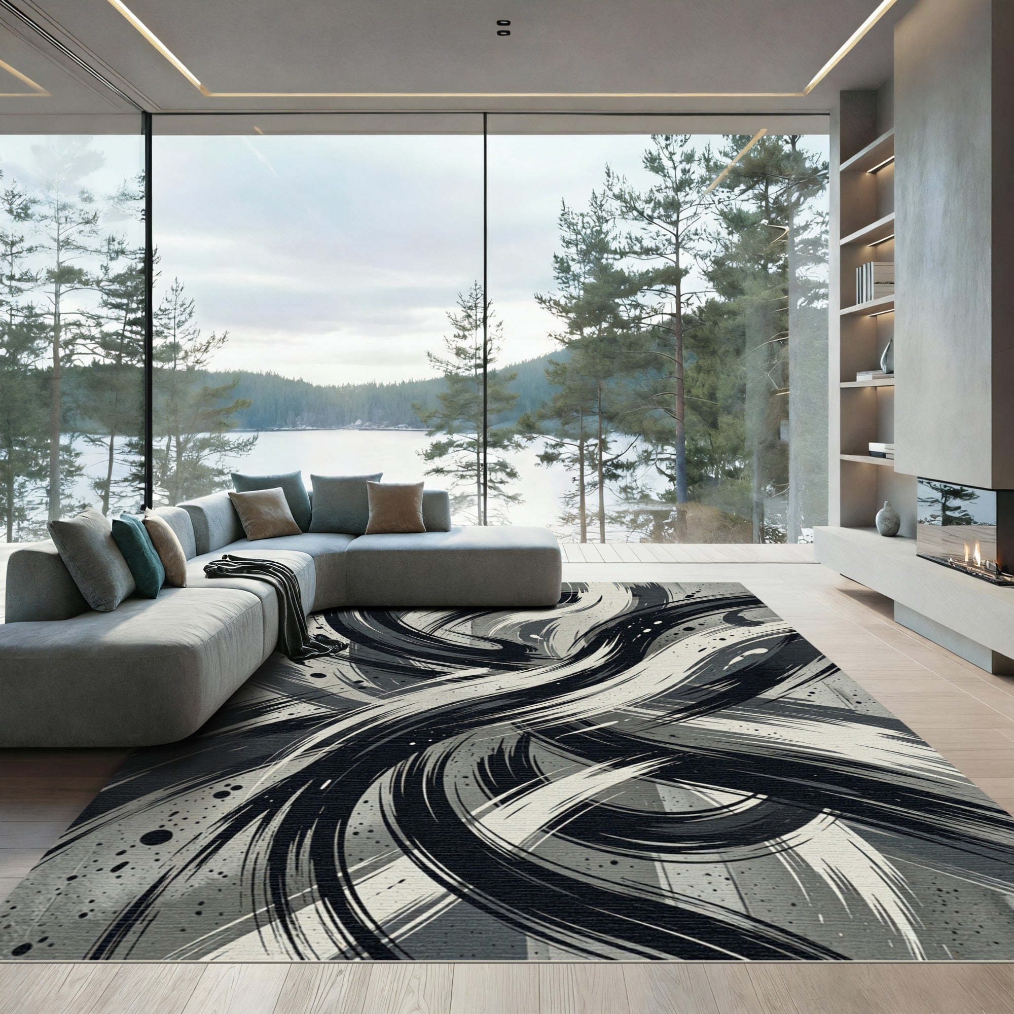 Monochrome Brush Stroke Dynamic Swirl Rug