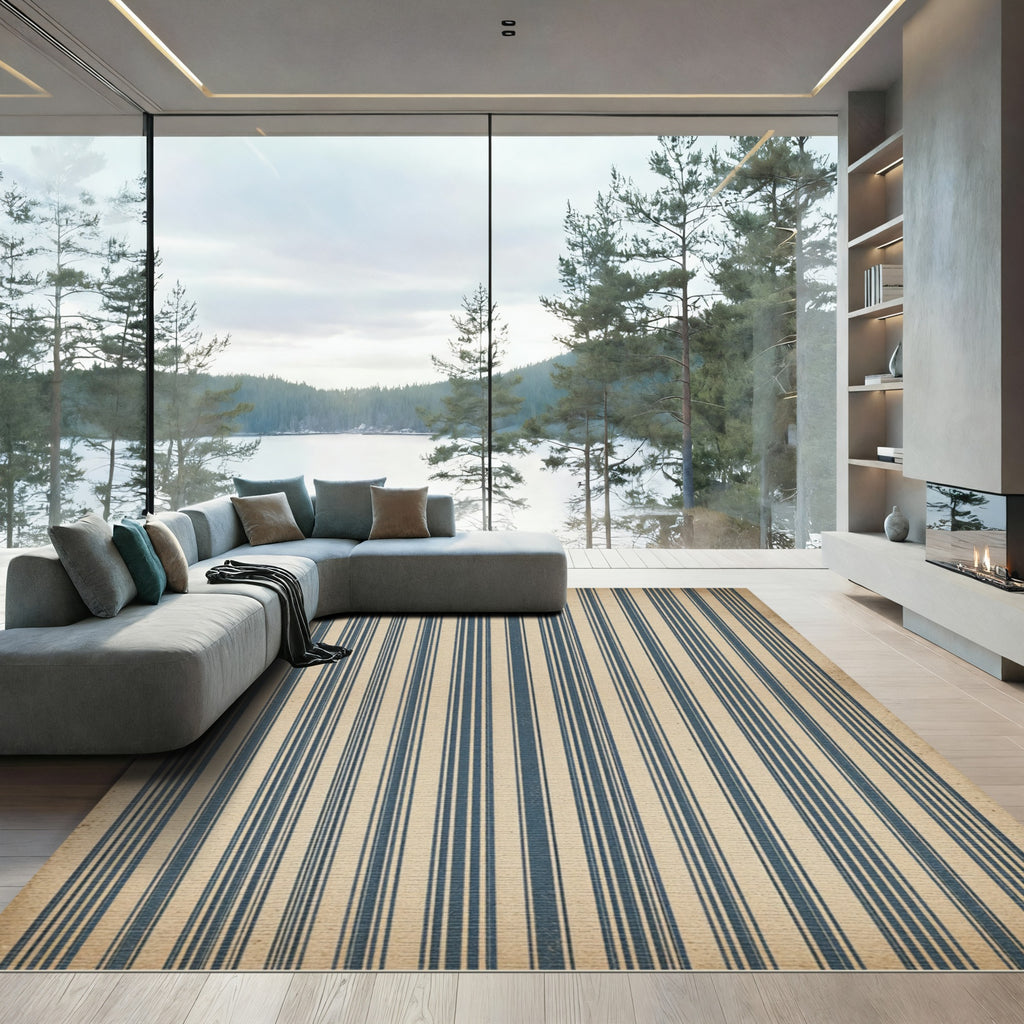 Vintage Blue Ticking Striped Wallpaper Rug