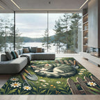 Whimsical Garden Cat Sleeping Among Daisies Rug