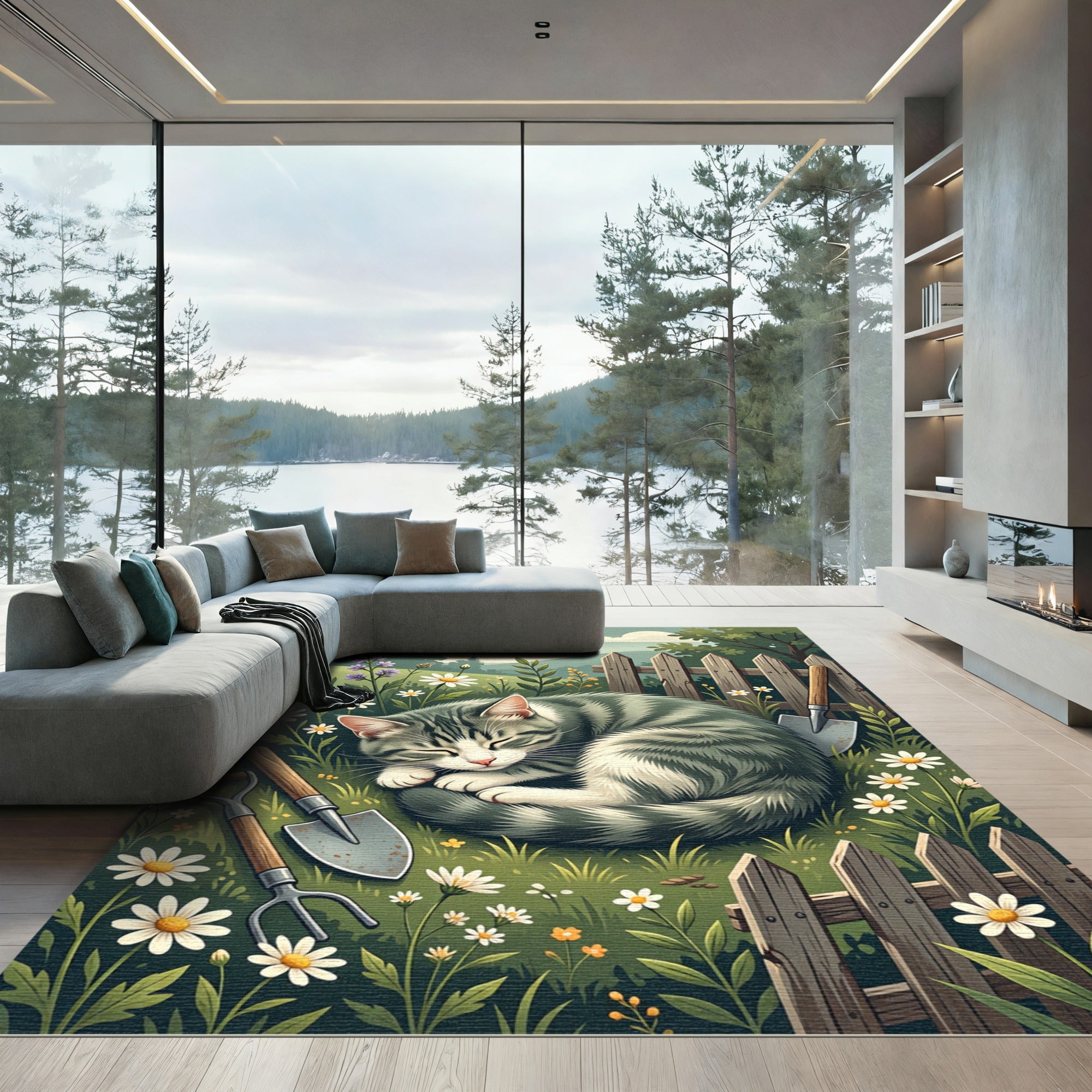 Whimsical Garden Cat Sleeping Among Daisies Rug
