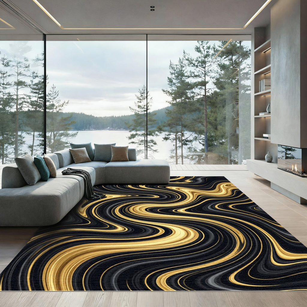 Elegant Golden Liquid Flow Swirls Rug