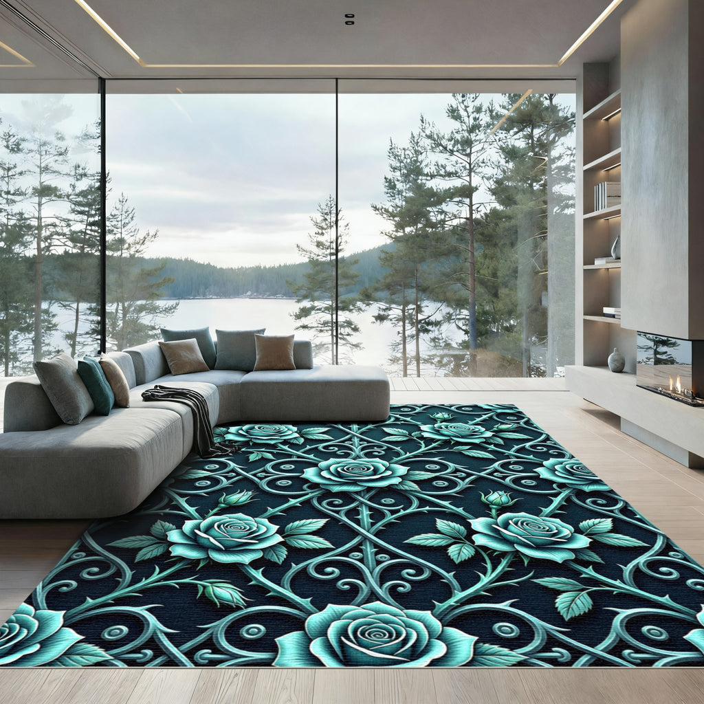 Gothic Teal Rose Trellis Ironwork Rug
