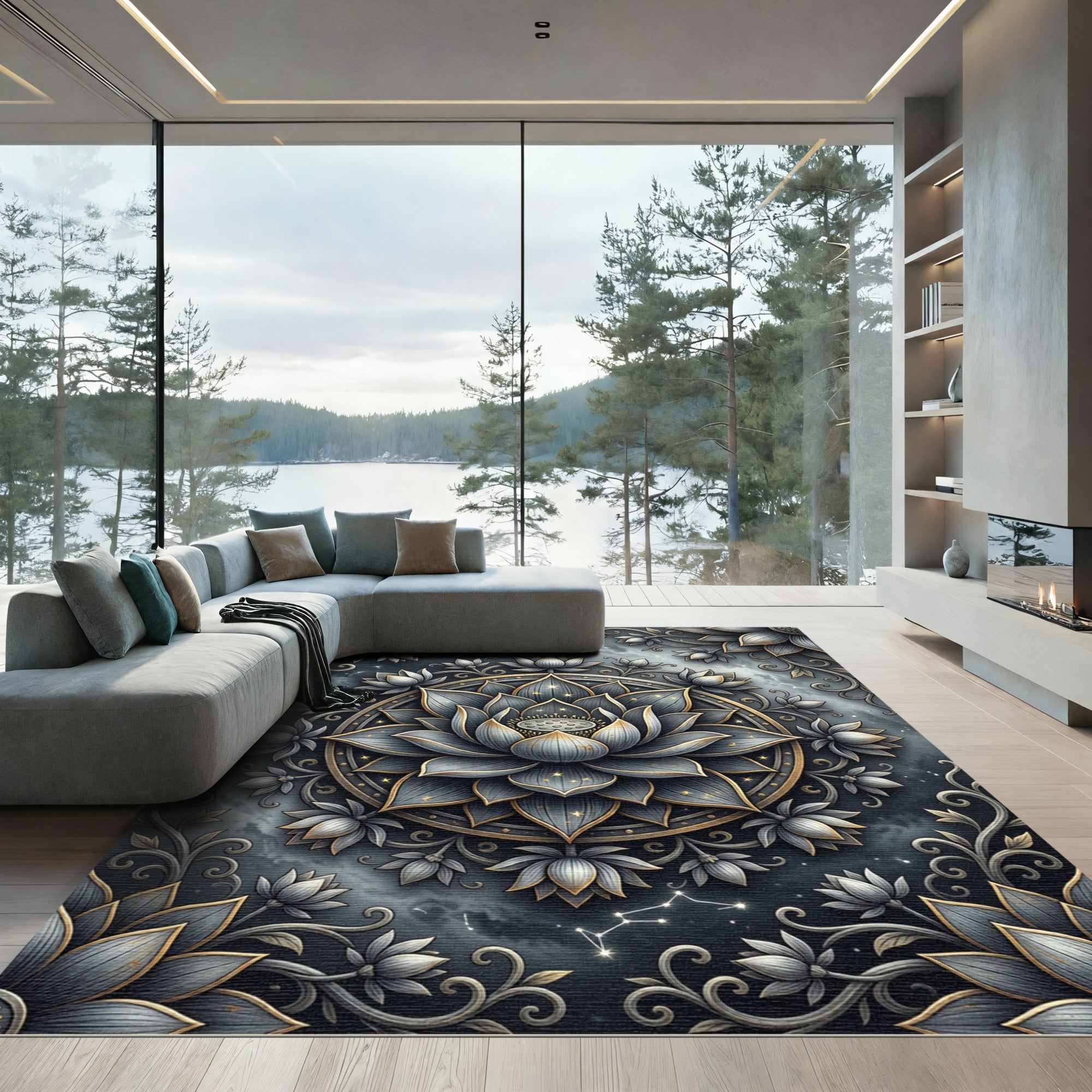Celestial Gray Lotus Mandala Rug