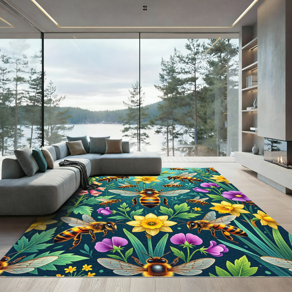 Whimsical Golden Bee and Floral Meadow Rug