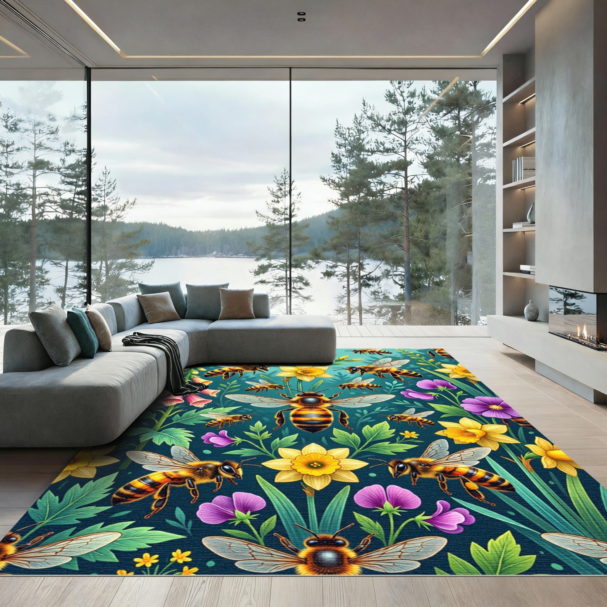 Whimsical Golden Bee and Floral Meadow Rug