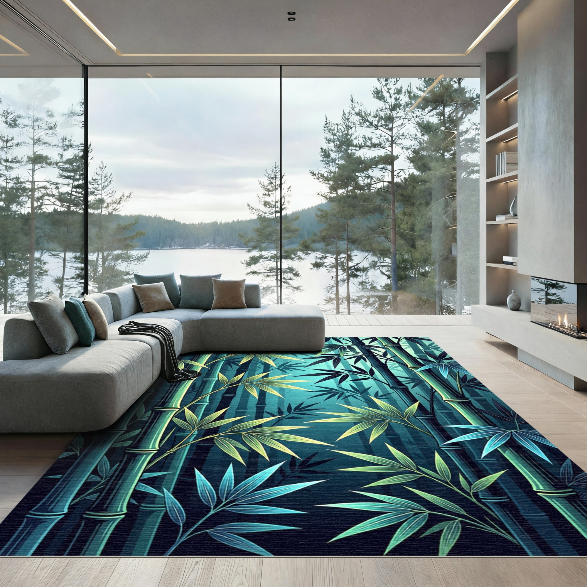 Deep Blue Bamboo Forest Foliage Rug