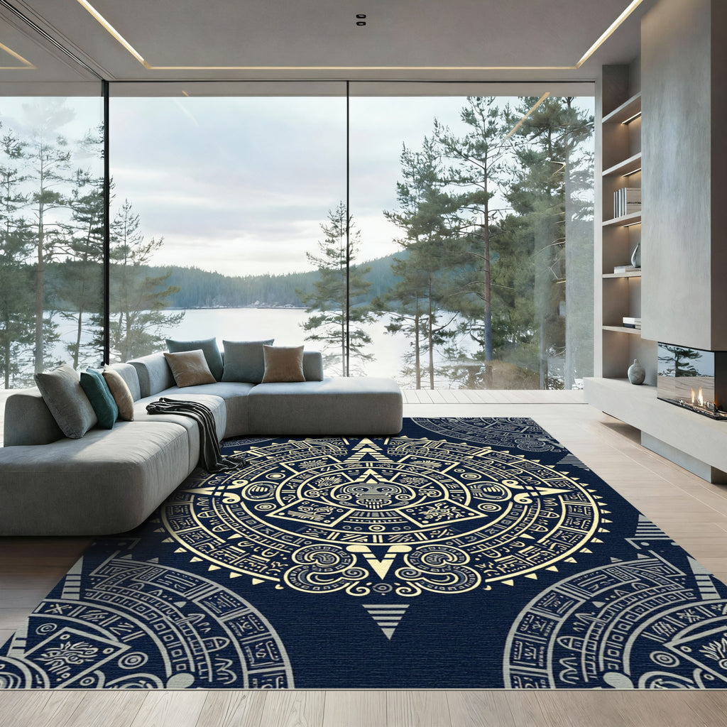 Aztec Celestial Gold Navy Sun Disc Rug