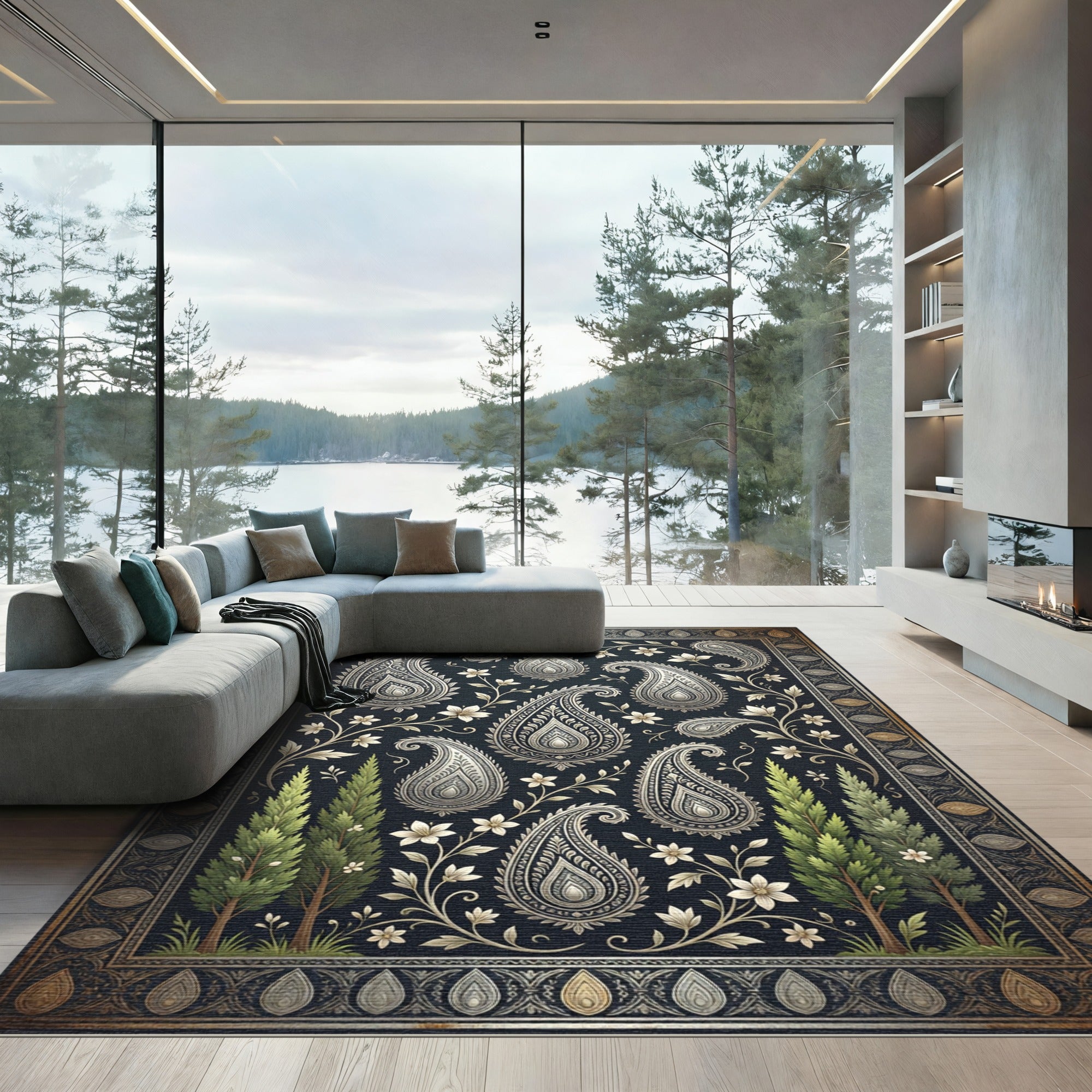 Elegant Navy Paisley Cypress Floral Art Rug