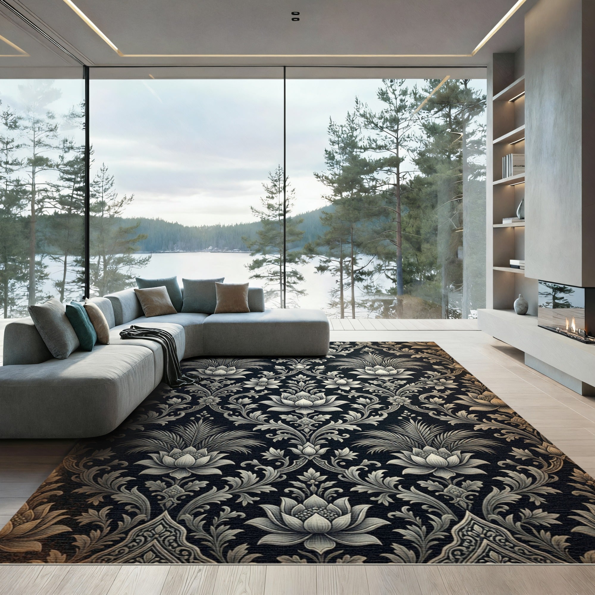 Dark Floral Labyrinth Lotus Crests Rug