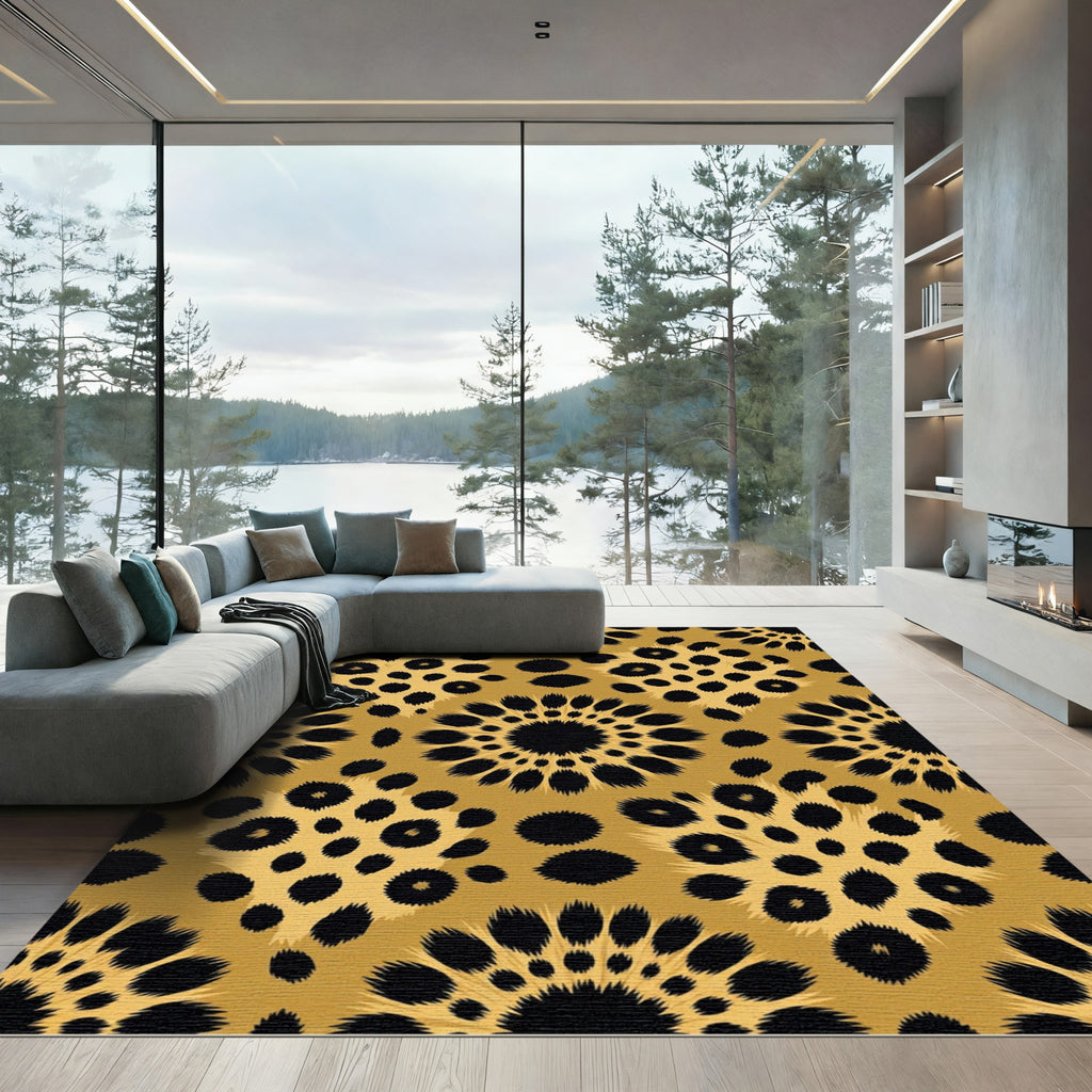 Golden Leopard Spot Floral Medallion Rug