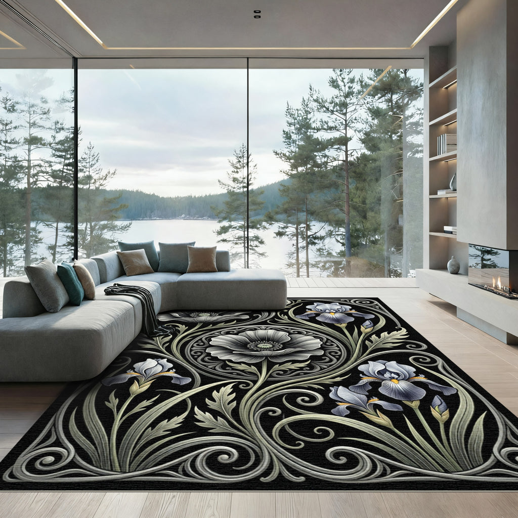 Elegant Monochromatic Iris Poppy Scrollwork Rug