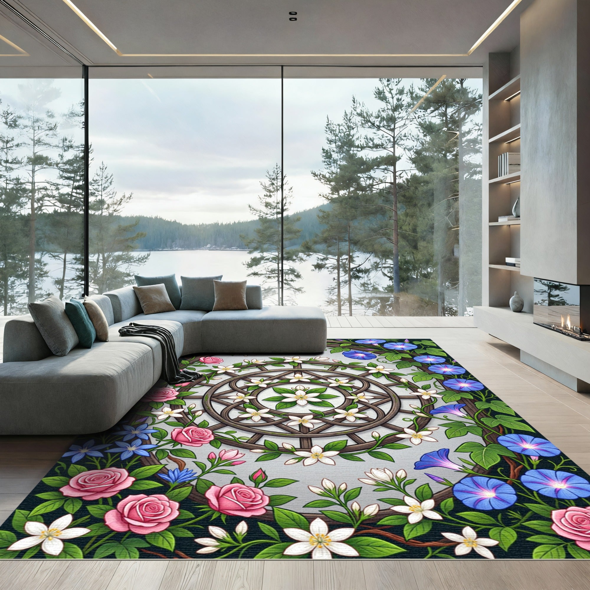 Floral Garden Lattice with Morning Glories Rug