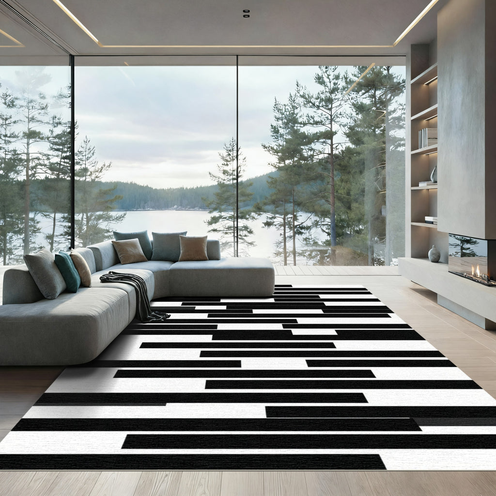 Contemporary Black And White Stripe Rug