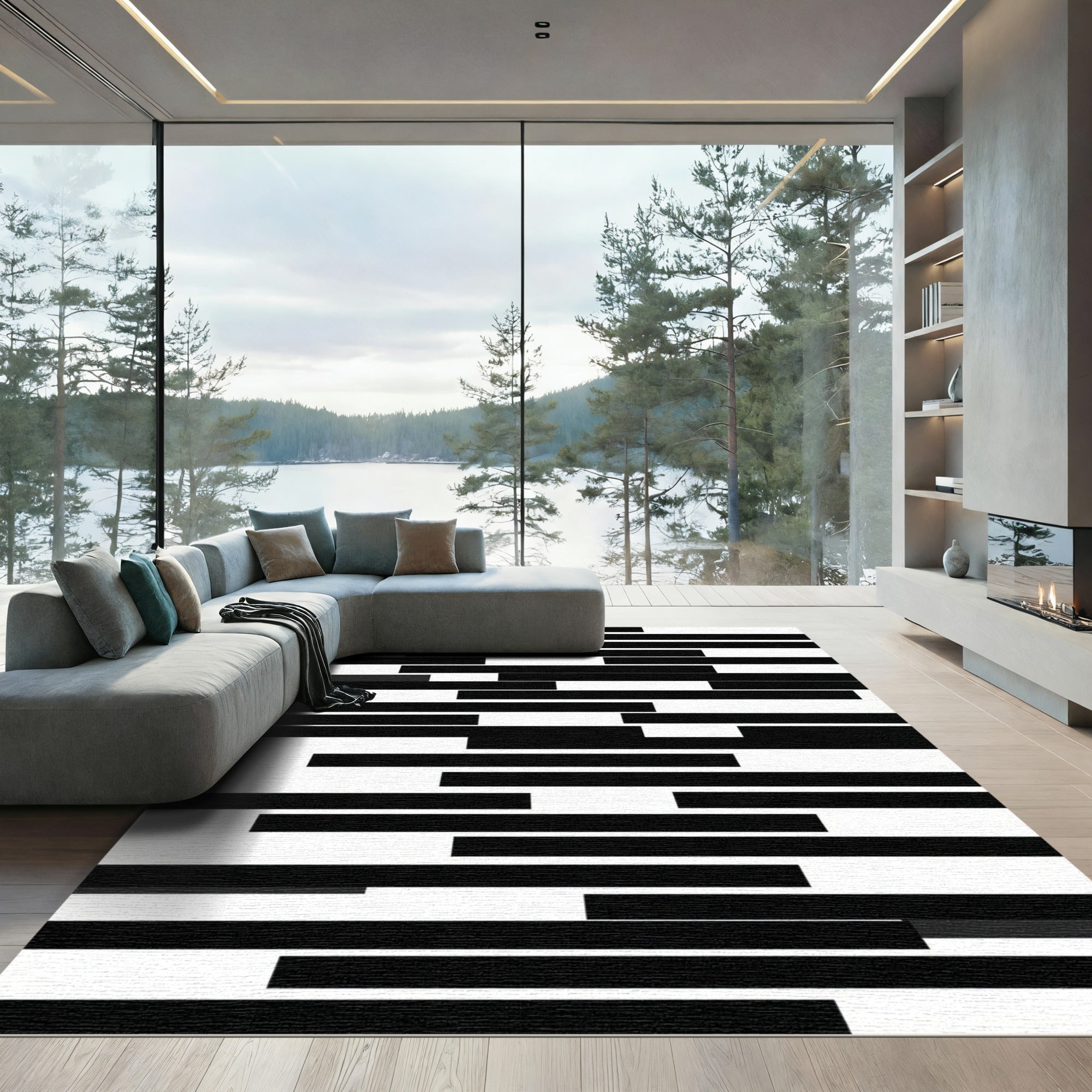 Contemporary Black And White Stripe Rug