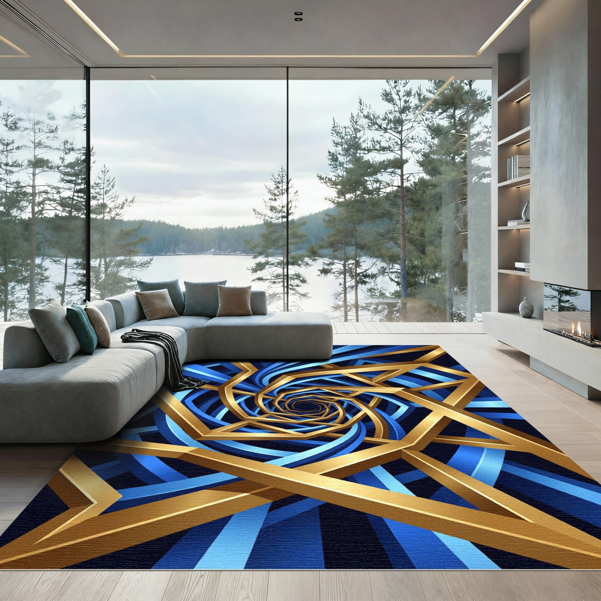 Golden Geometric Vortex Blue Infinity Rug