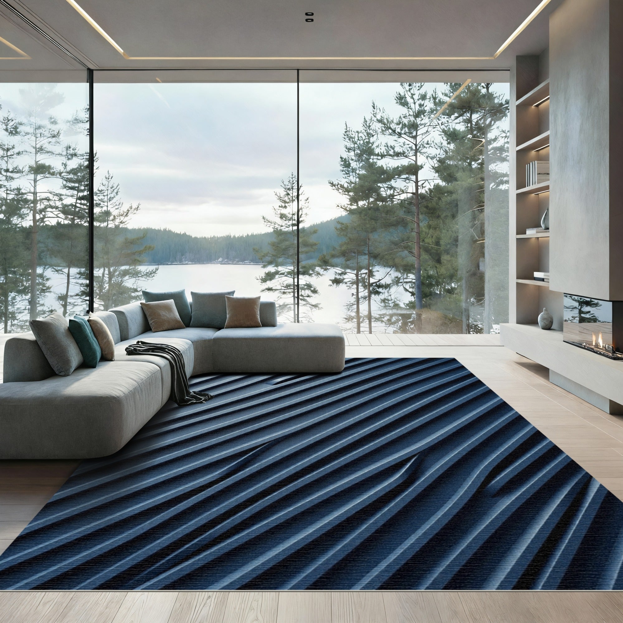 Modern Deep Blue Diagonal Abstract Waves Rug