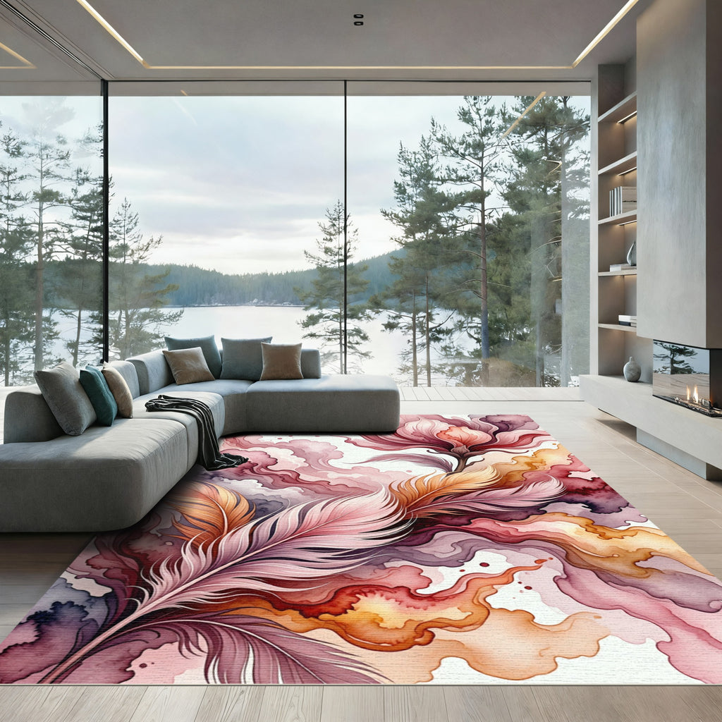 Ethereal Pink Feathers and Floral Composition Rug