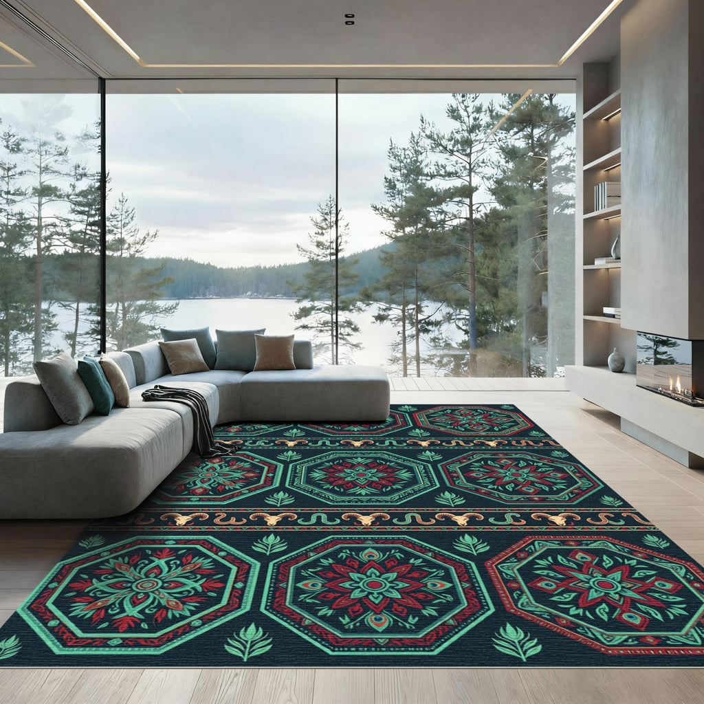 Deep Teal Red Octagon Floral Pattern Rug