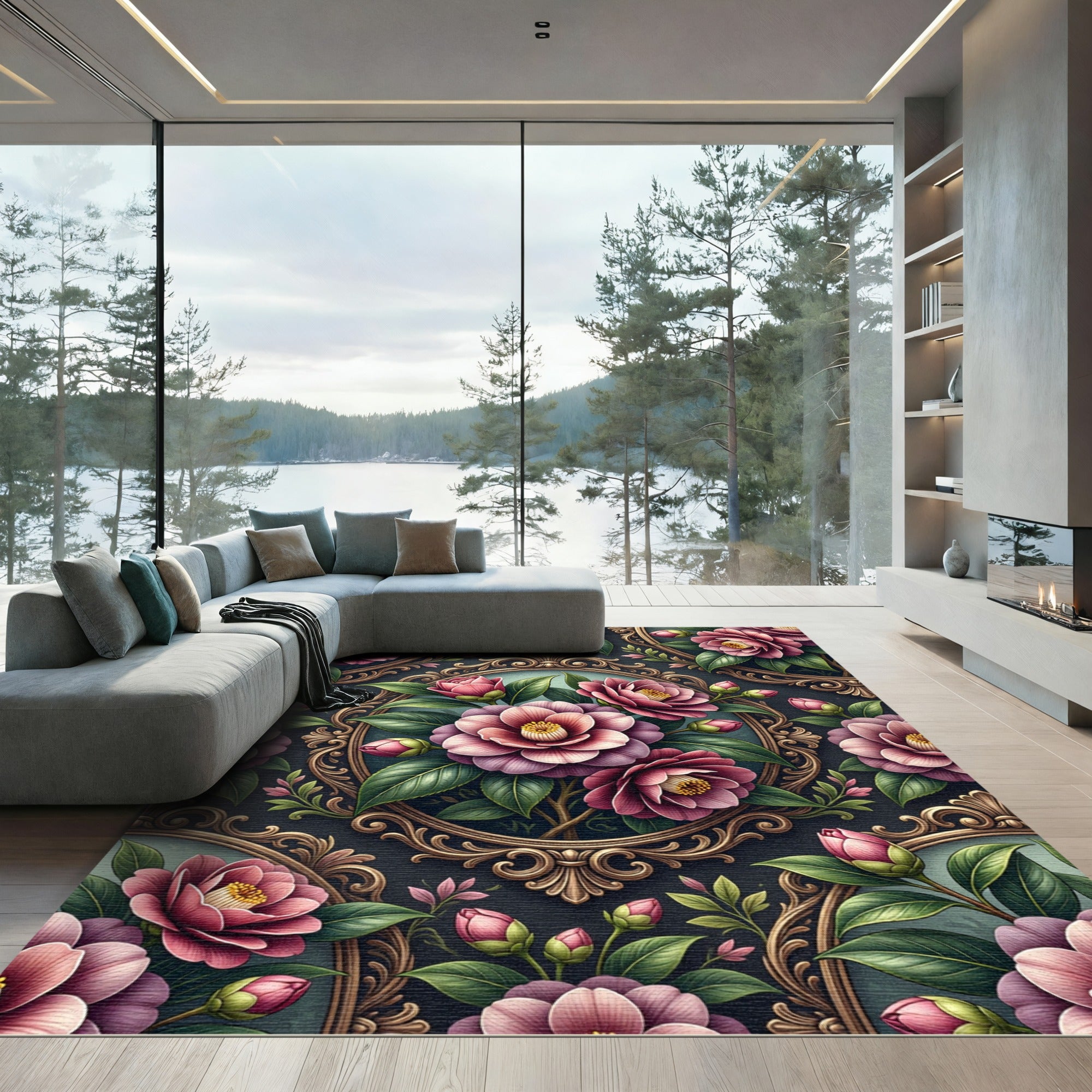 Vintage Victorian Pink Camellia Frame Rug