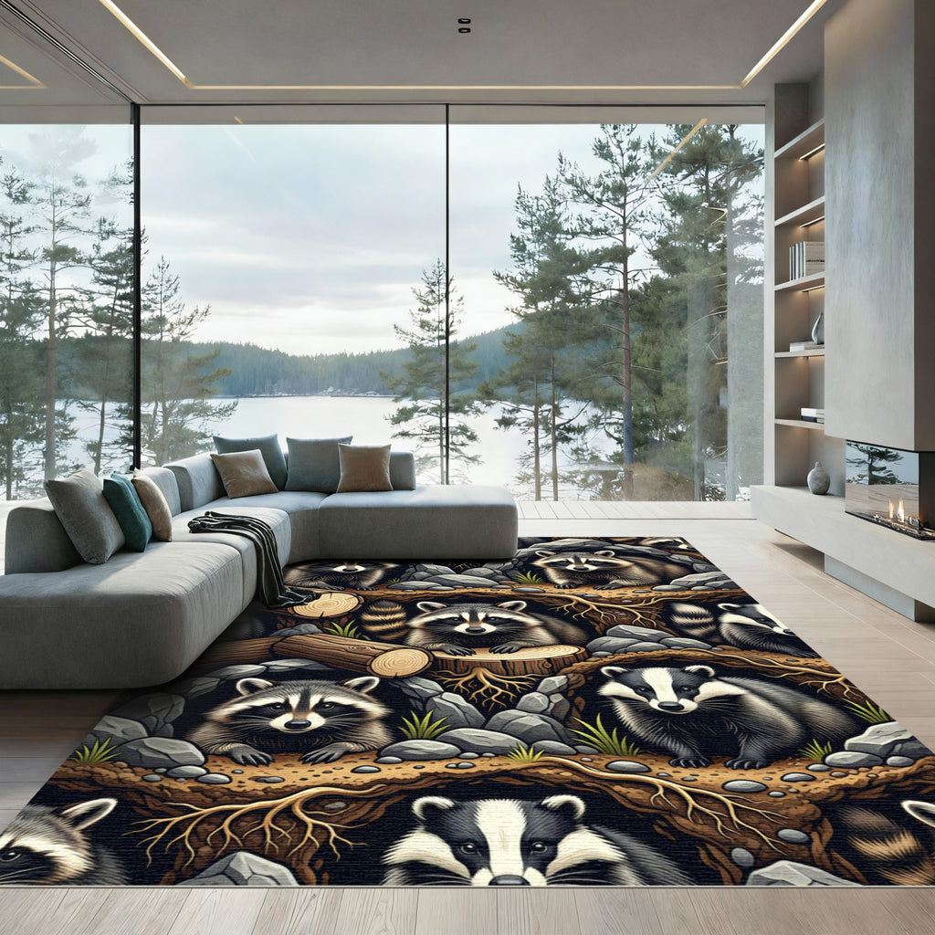 Woodland Raccoon Forest Creatures Earthy Tones Rug