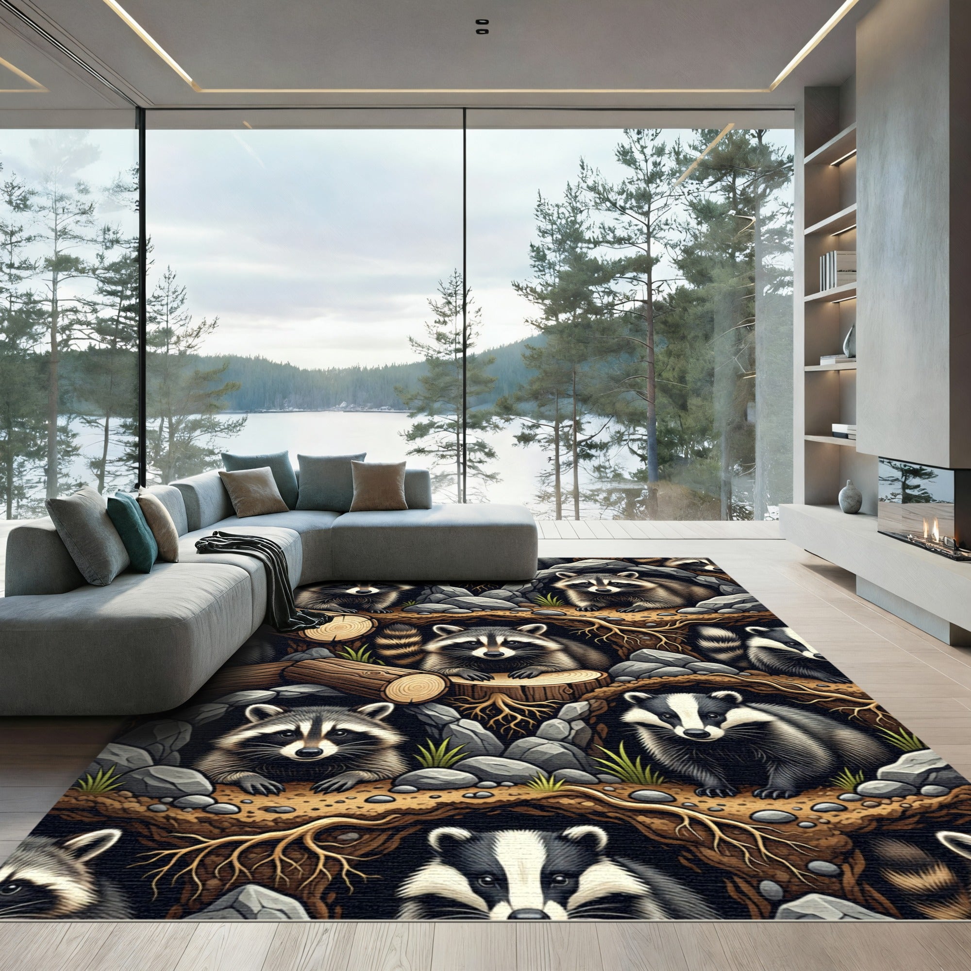 Woodland Raccoon Forest Creatures Earthy Tones Rug