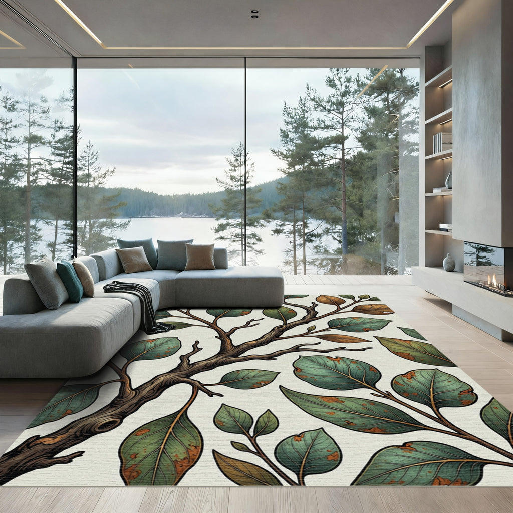 Rustic Green Botanical Branch Arrangement Rug