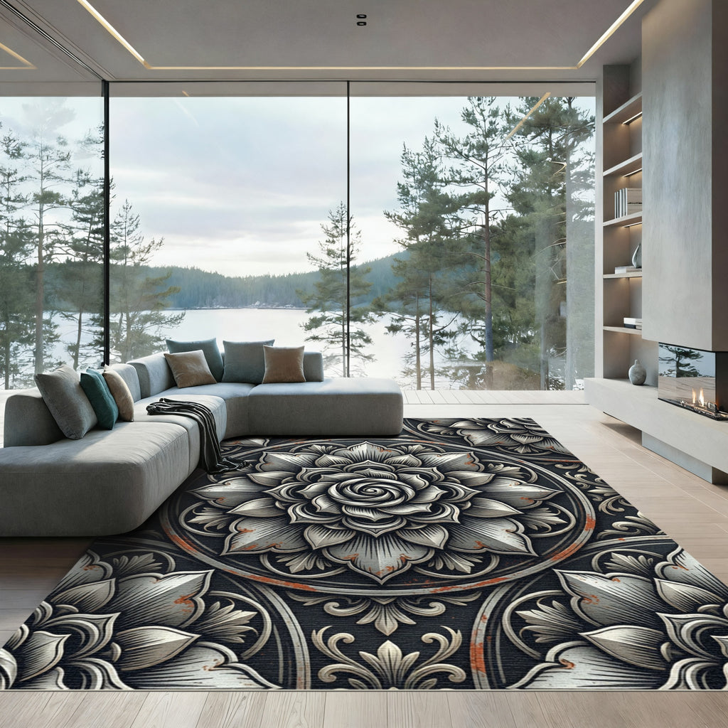 Weathered Silver Metallic Floral Medallion Rug