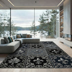 Ornate Fleur De Lis Square Black Gray Rug