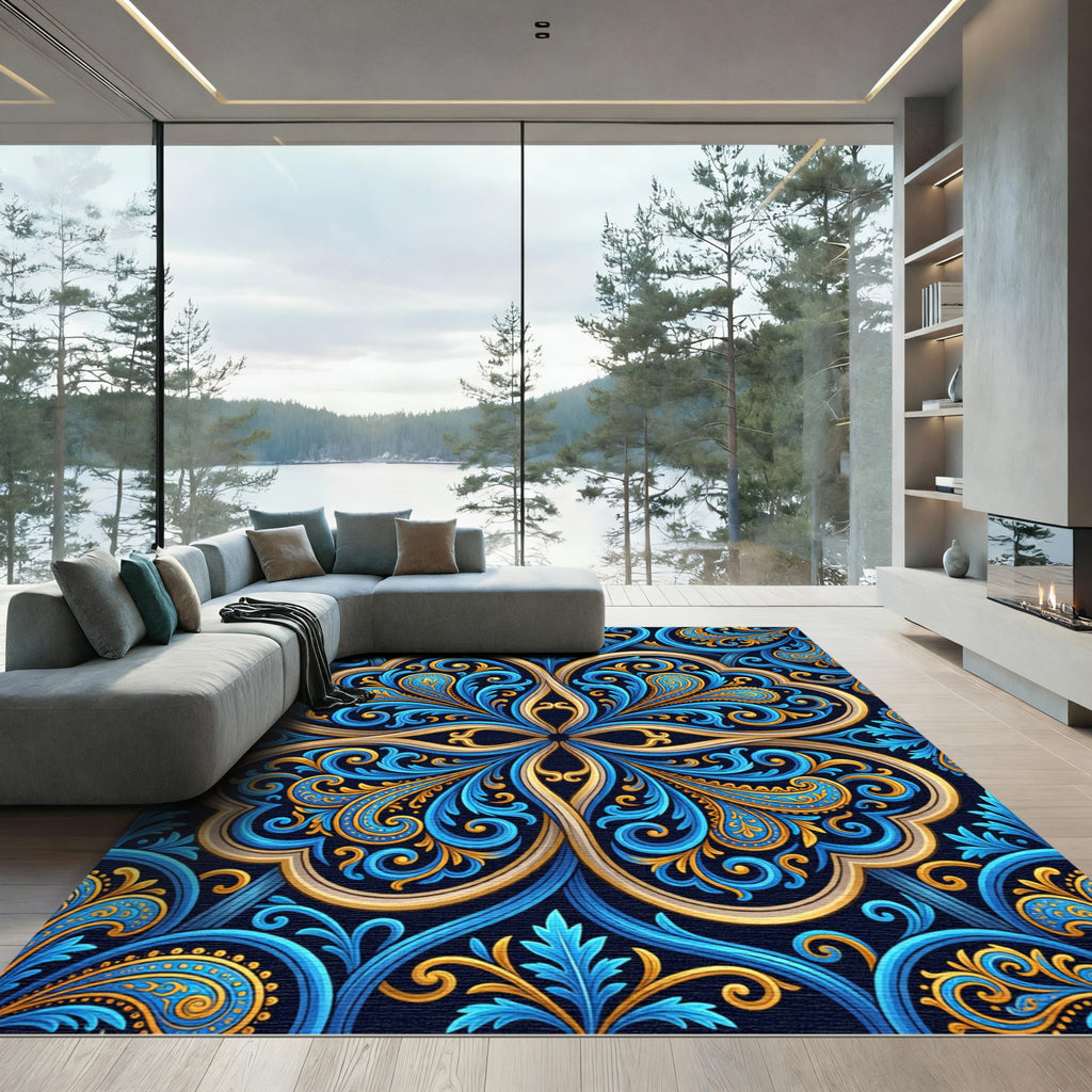 Ornate Azure Gold Swirl Damask Rug