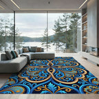 Ornate Azure Gold Swirl Damask Rug
