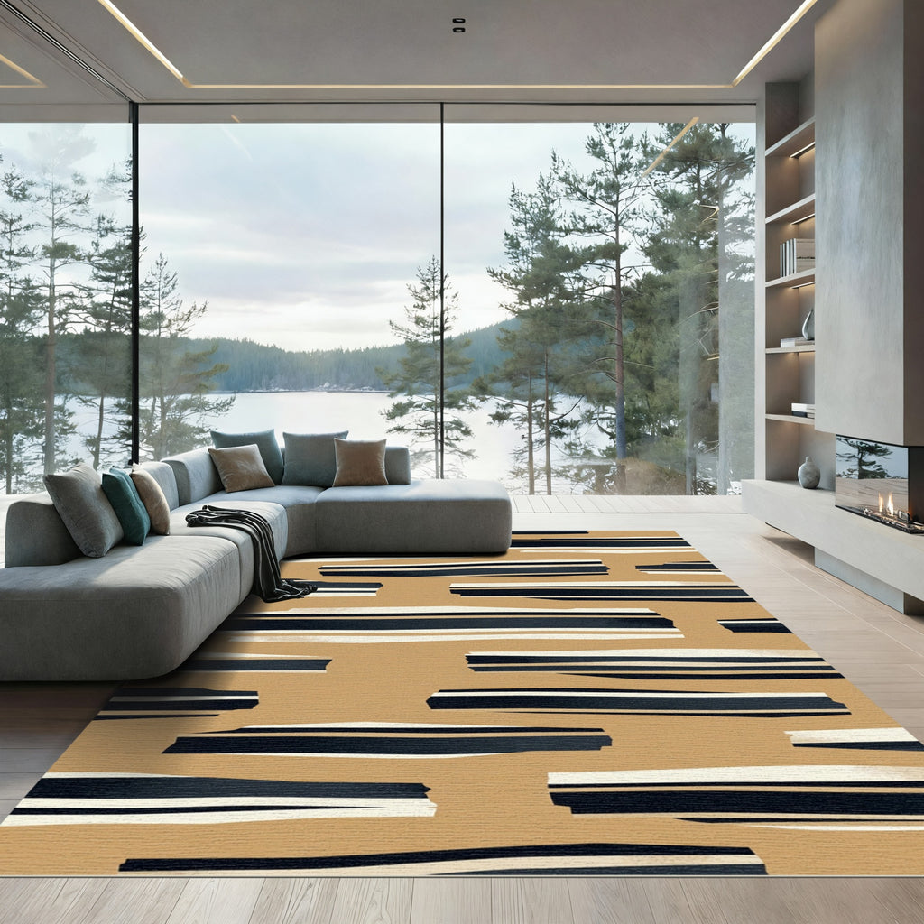 Tan and Navy Striped Brush Strokes Rug