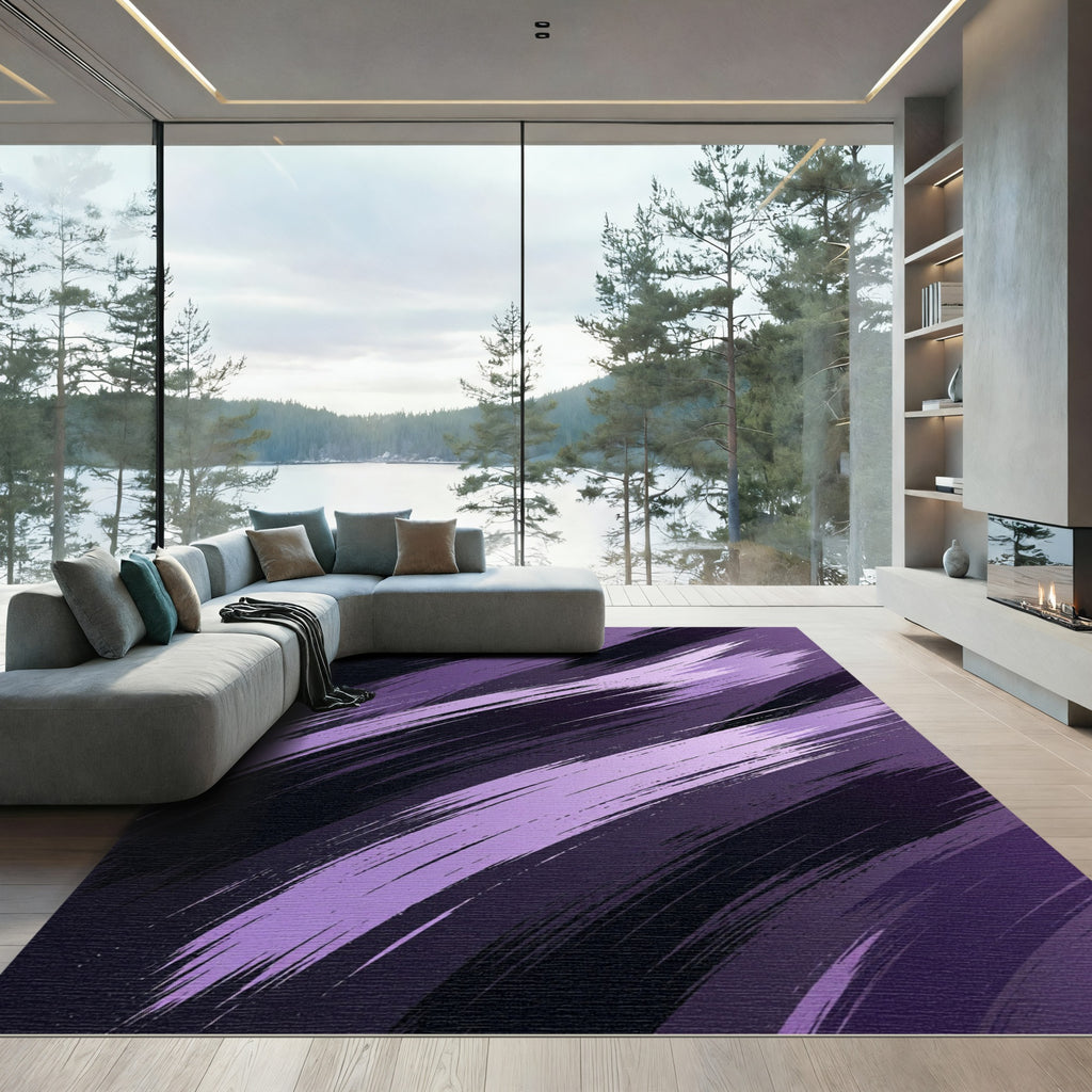 Abstract Purple Diagonal Brushstroke Art Rug
