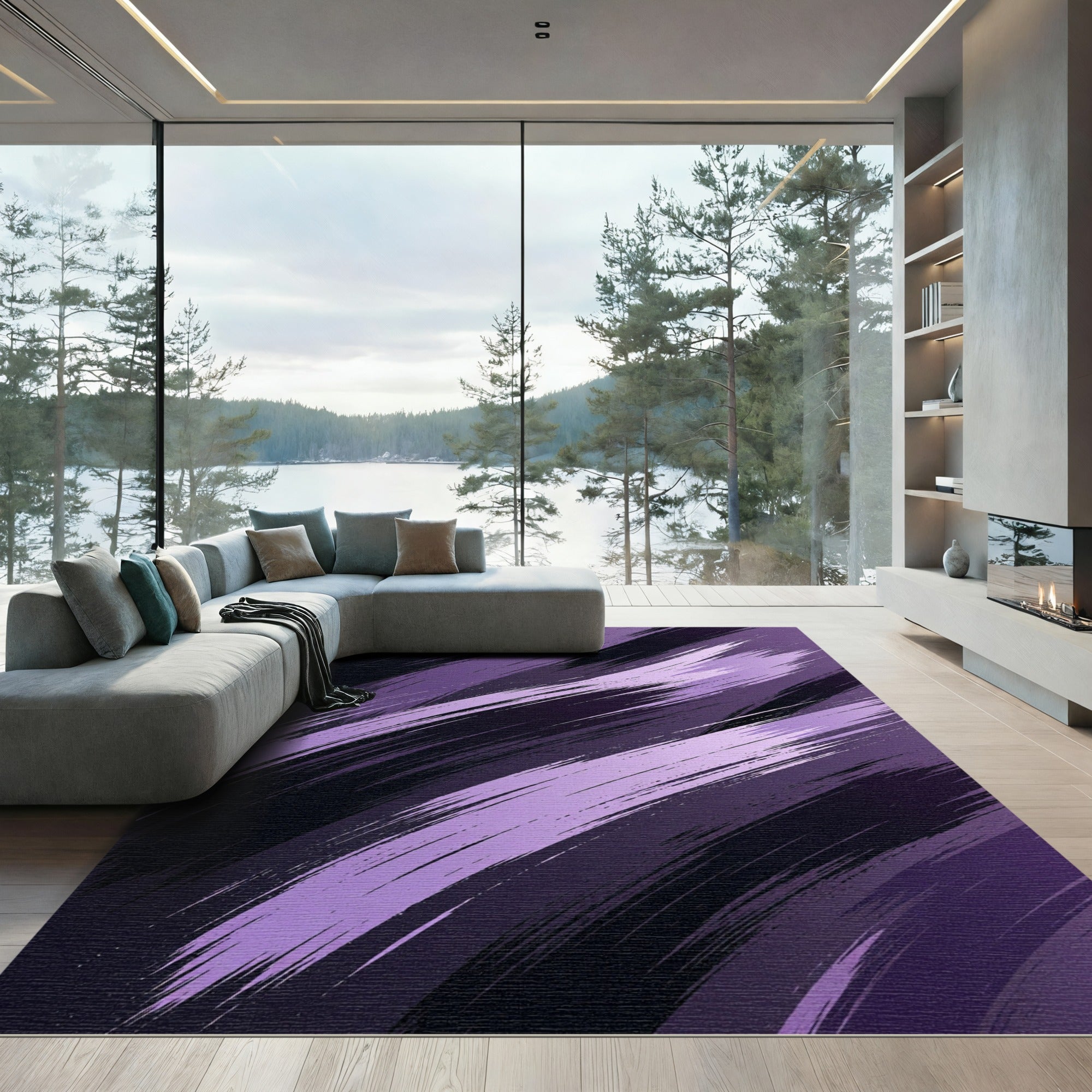 Abstract Purple Diagonal Brushstroke Art Rug