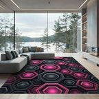 Neon Pink and Charcoal Geometric Hexagon Rug