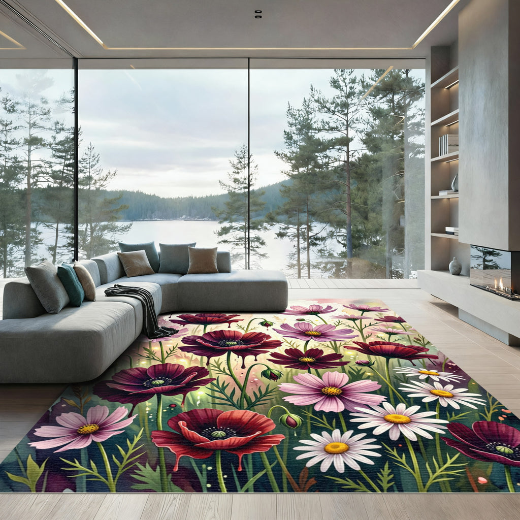 Rich Burgundy Pink Floral Meadow Rug