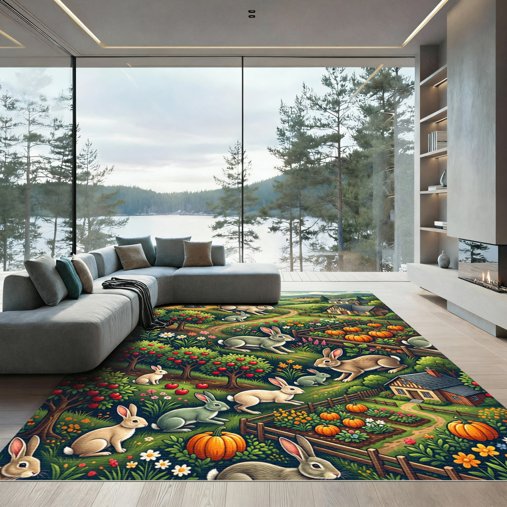Whimsical Rabbit Farm Meadow Landscape Rug