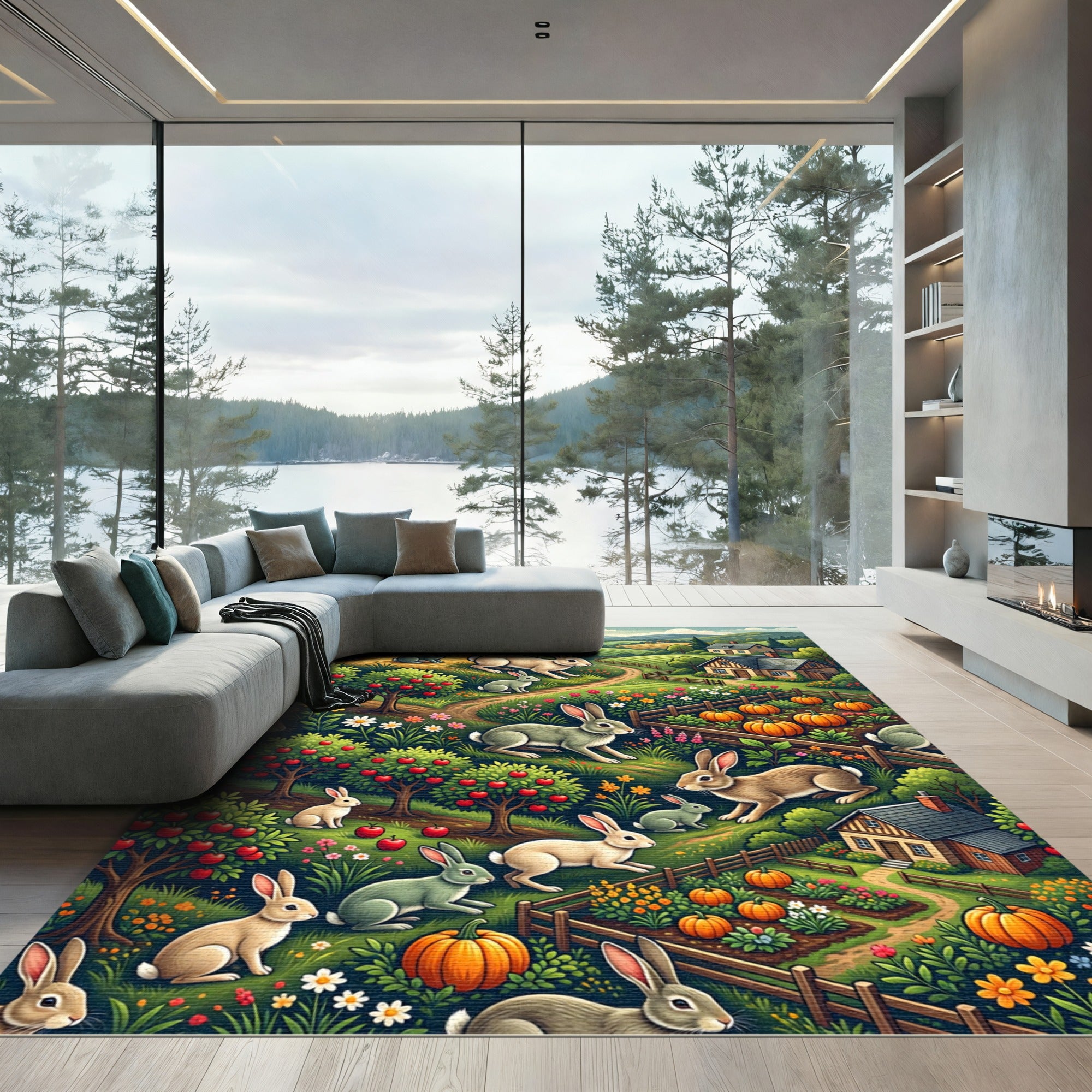 Whimsical Rabbit Farm Meadow Landscape Rug