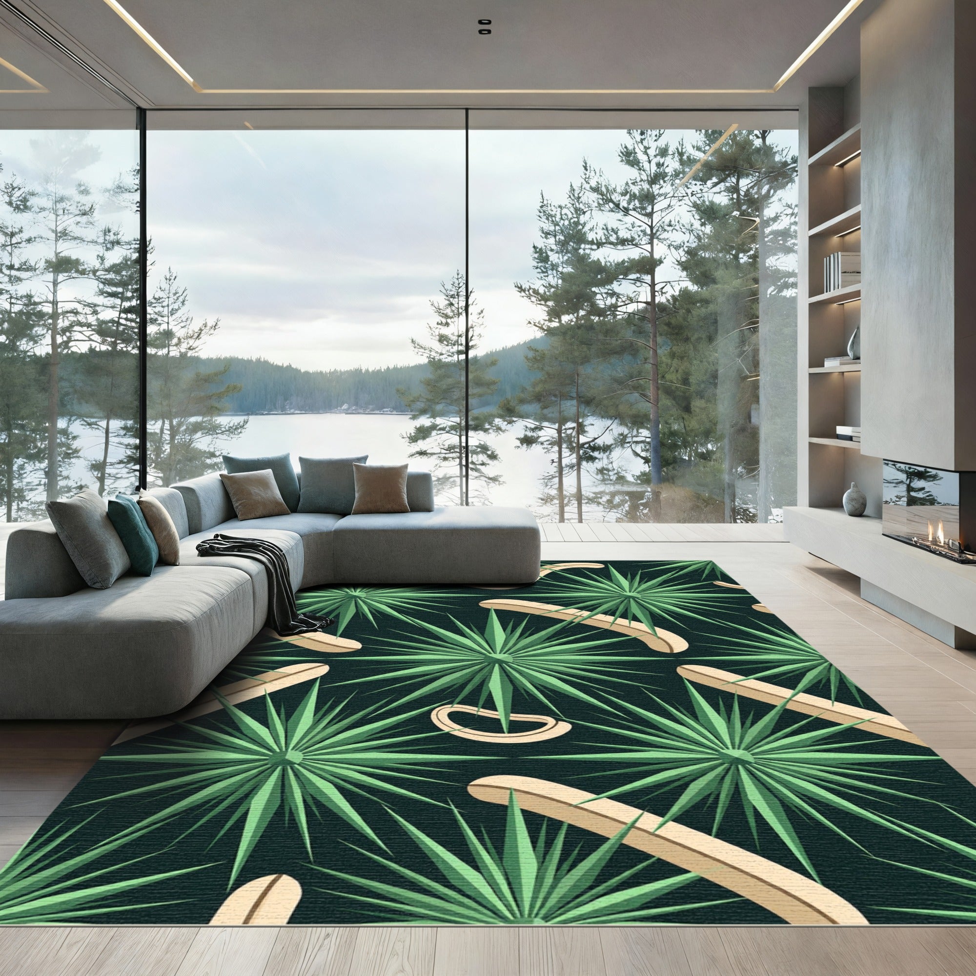 Emerald Starburst and Cream Abstract Curved Rug